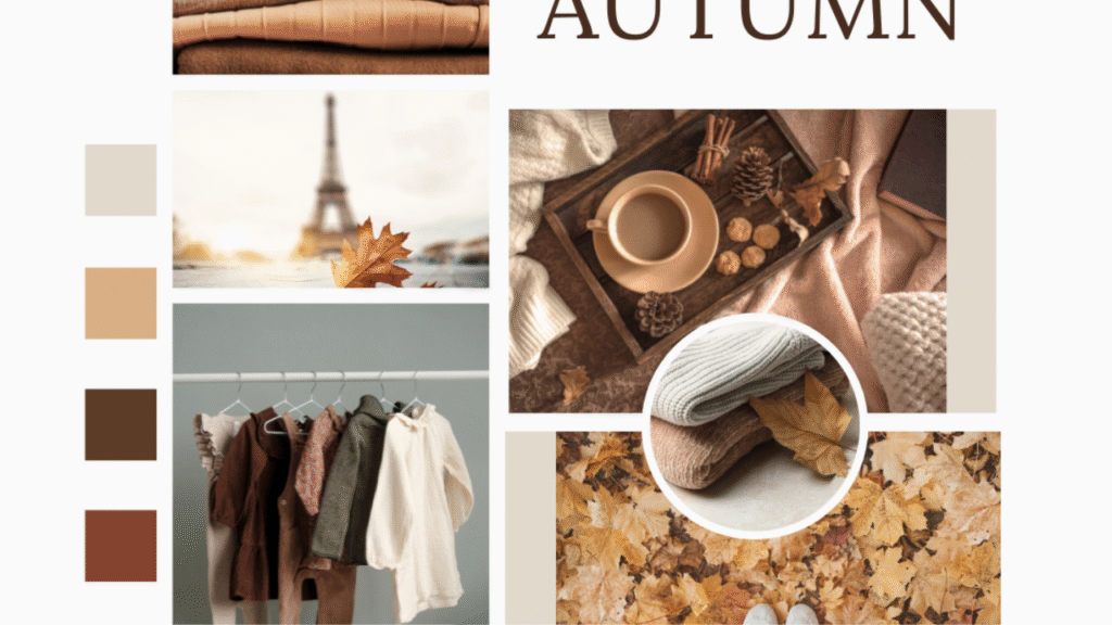 Herfst moodboard met warme tinten, kleding, bladeren en koffie